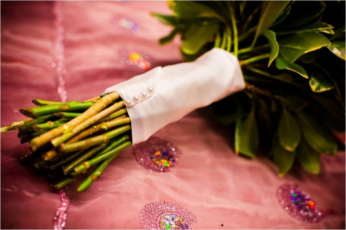 DIY bridal bouquet wrapped with satin ribbon with rhinestone details