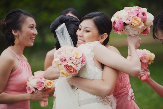 Light Coral Bridesmaid Dresses Pink and Peach Bouquets