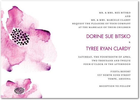Classic white wedding invitation with romantic purple floral design