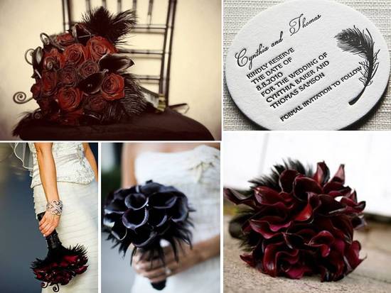 Dark red and black bridal bouquets and letterpress save-the-dates