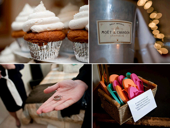 Chic wedding details- carrot cake cupcakes, Moet Chandon champagne, colorful flip flops for receptio