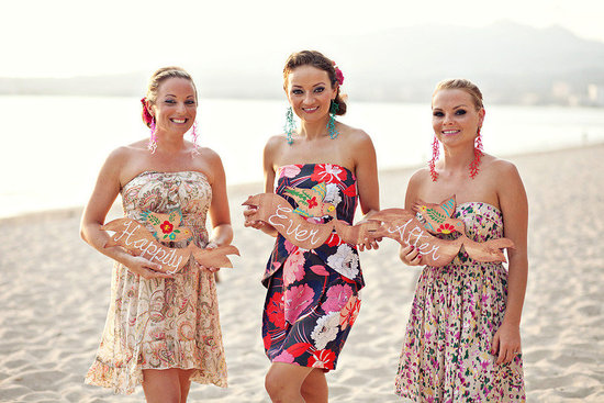 destination wedding bridesmaids wearing printed dress beach wedding