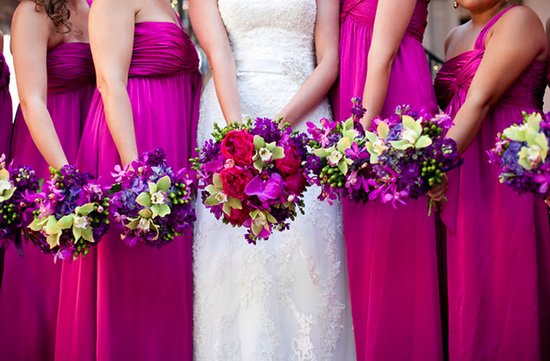 hot pink bridesmaids dresses long tropical bouquets