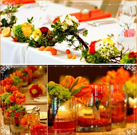 Green garland on edge of tablescarpe with yellow, orange, white, red flowers