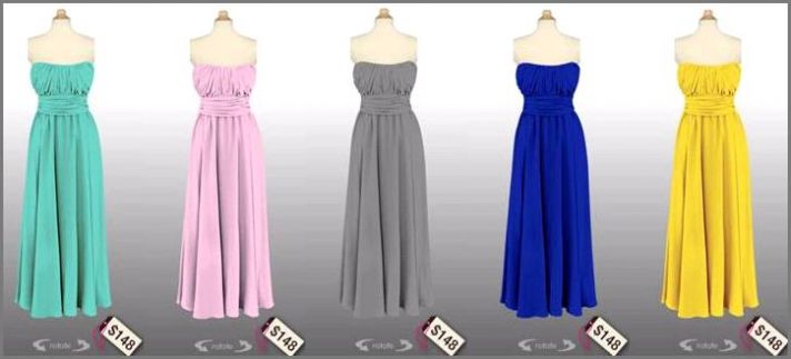 Strapless, flowy bridesmaids dresses- aqua, powder pink, grey, blue, yellow
