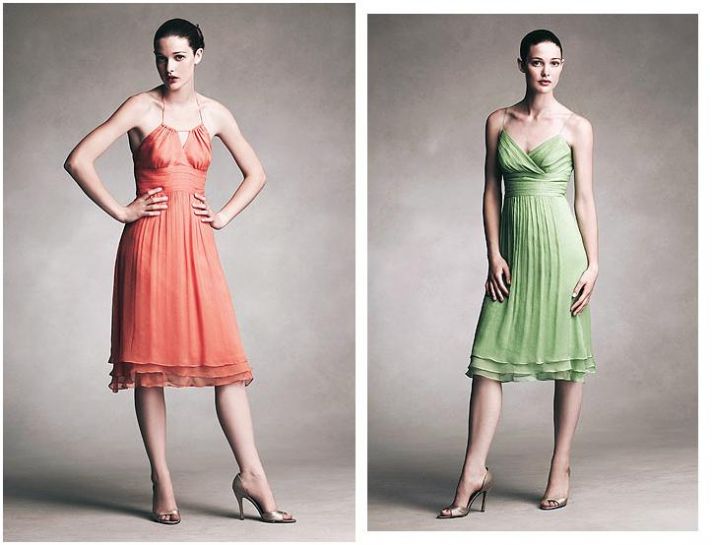 Short, chiffon dresses in tangerine and clover green