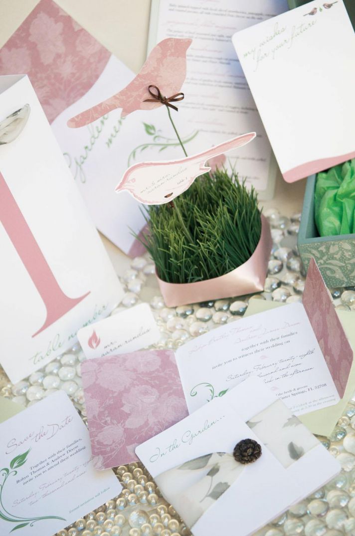 Dusty rose, white, and sage garden theme wedding stationery