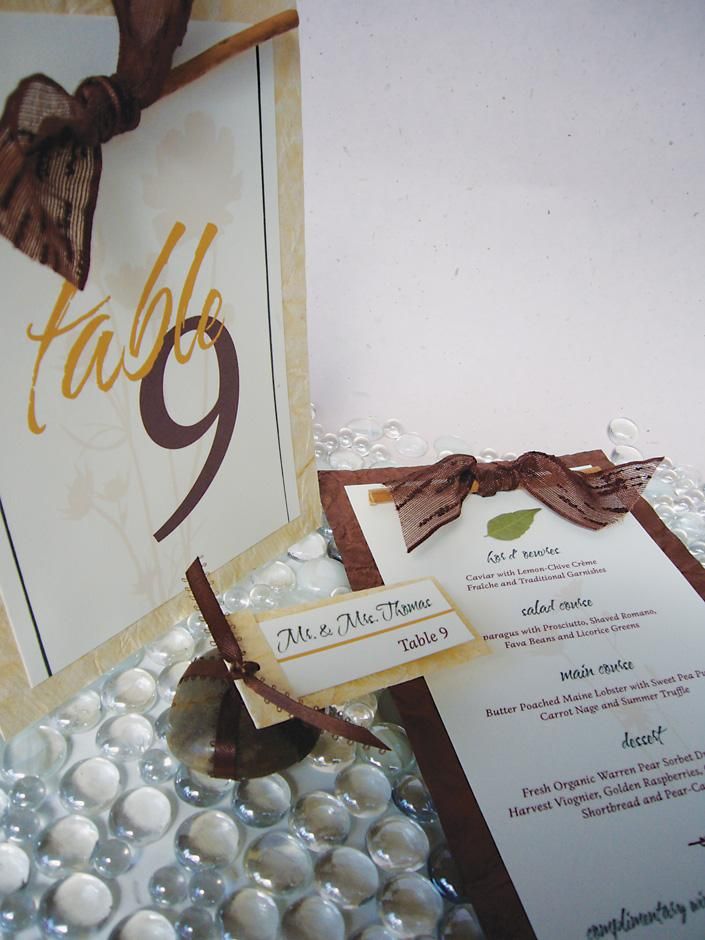 Stunning chocolate brown, gold and white wedding stationery with leaf detail- table cards and escort