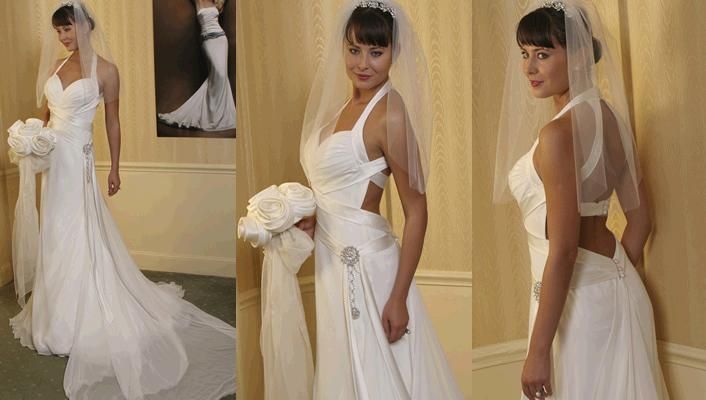Stunning Swoon wedding dress from Amy Michelson- white satin with rhinestone detail on hip