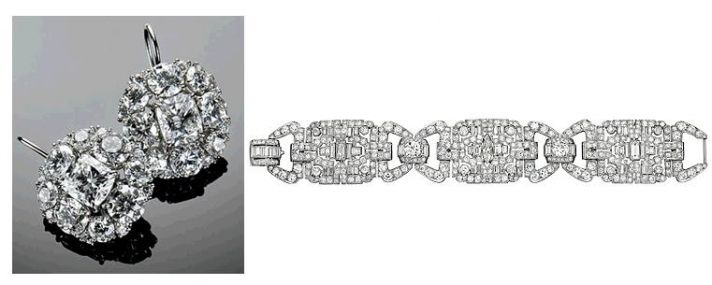 Platinum and diamond cushion cut earrings and art deco bracelet- Ivanka Trump’s wedding