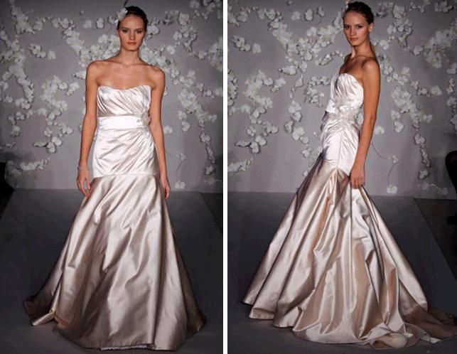 Blush silk satin a-line strapless wedding dress with chapel train