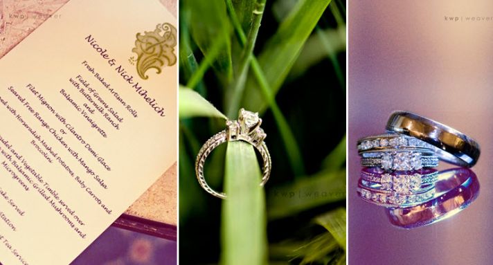 Chic ivory wedding program with olive green and purple calligraphy; artistic detail shots of diamond