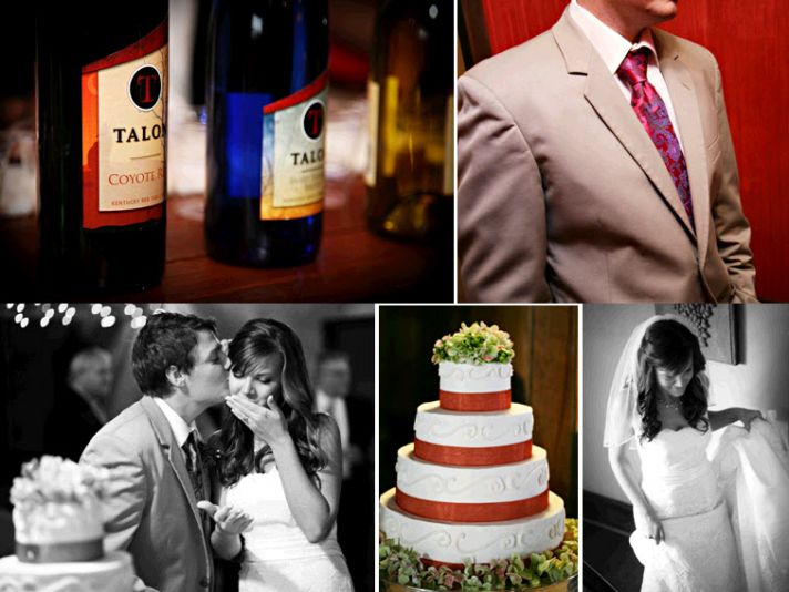 White wedding cake with rust red ribbon; bride in white strapless wedding dress and veil