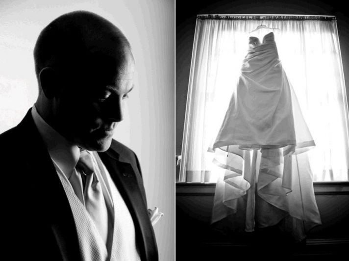 Groom prepares to say I Do, wearing formal black tuxedo; bride’s white wedding dress hangs in window