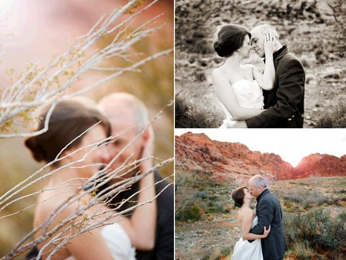 Bride wears beautiful white wedding dress and birdcage veil, poses outside in desert with groom