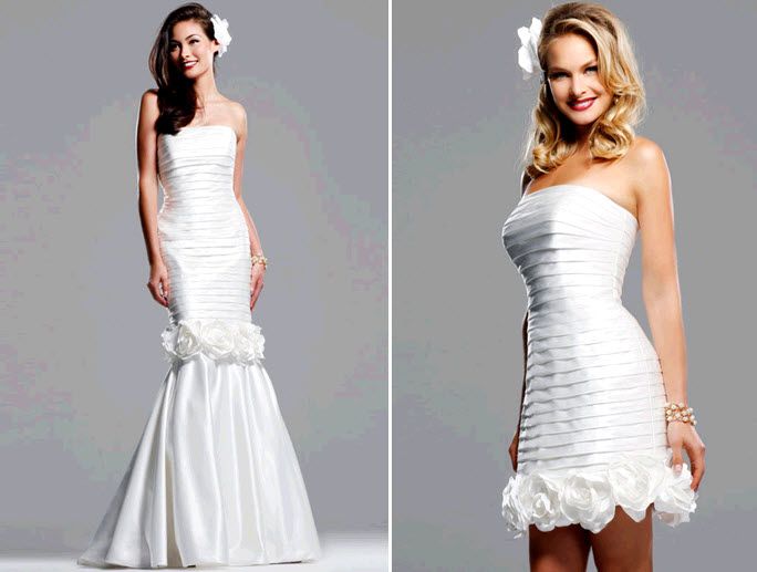White strapless neckline mermaid/trumpet wedding dress by David Tutera with rosette floral applique