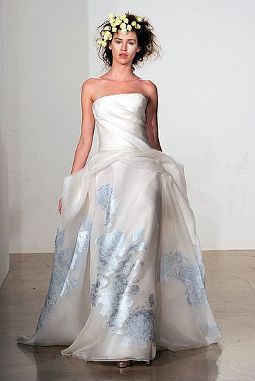 Strapless ballgown wedding dress with sky blue pattern on skirt