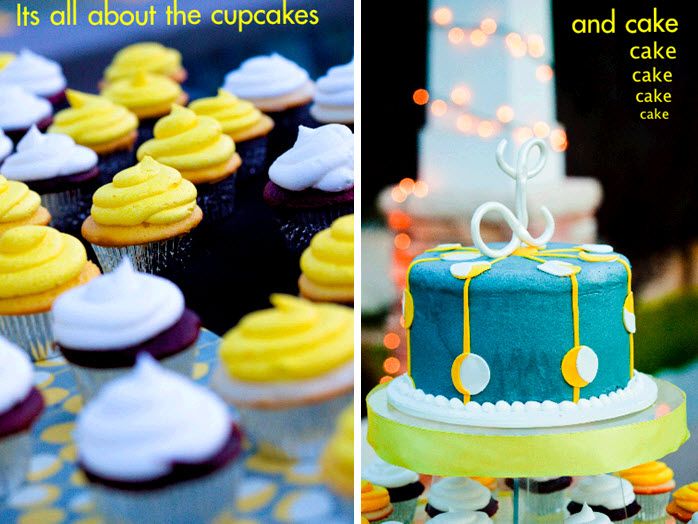 Delicious wedding cupcakes with white and yellow frosting; blue, white and yellow whimsical wedding