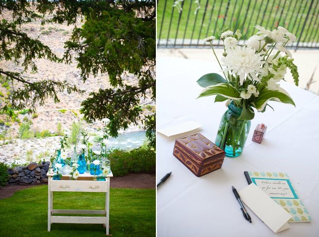Simple and fresh wedding decor- white flowers, with aqua and green accents