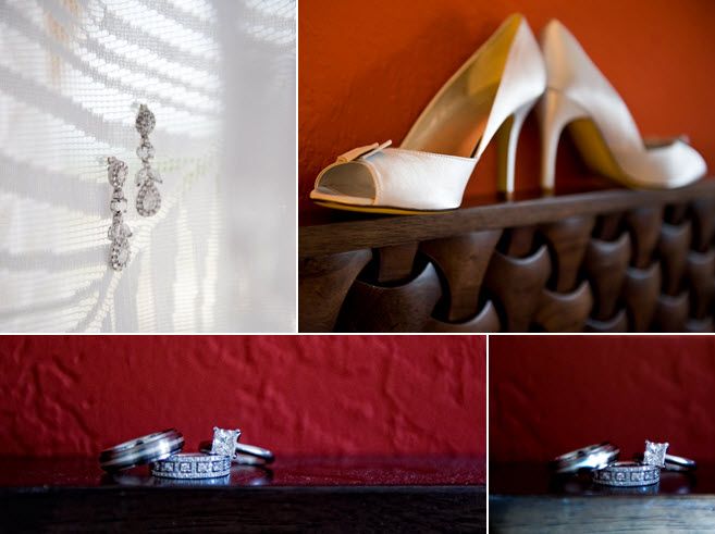 Bridal style wedding details- dangling diamond bridal earrings, ivory peep toe heels, square diamond