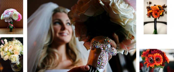 These bridal bouquets feature flowers in a variety of colors including all white bouquets and orange