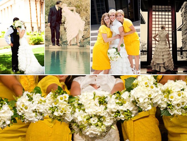 Yellow bridesmaids dresses with ivory and green fresh flower bouquets