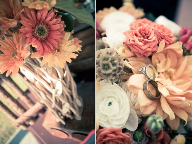Gorgeous country-chic wedding flowers- pastel Gerbera daisies, ivory peonies and more