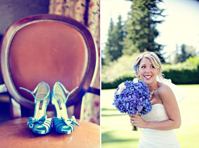 Blue peep-toe satin bridal heels and a bridal bouquet of blue hydrangeas
