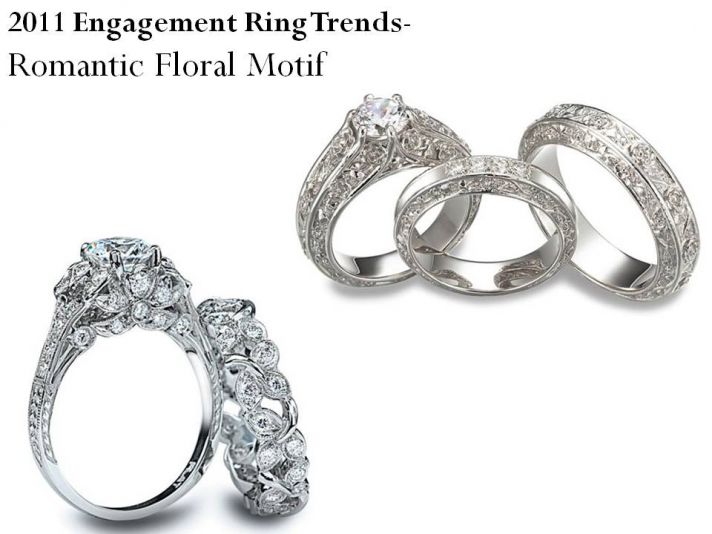 Romantic platinum engagement ring and wedding bands with floral motif in platinum setting
