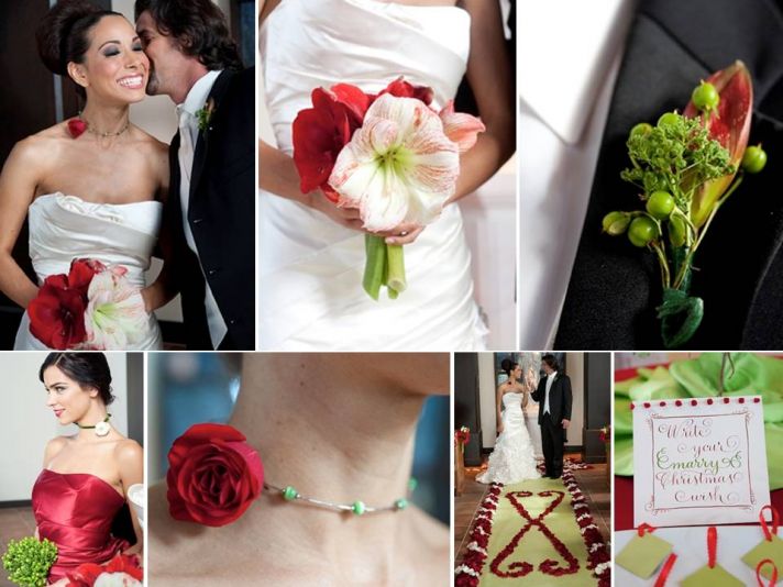 Bride holds festive red and white Candy Cane Amaryllis bridal bouquet