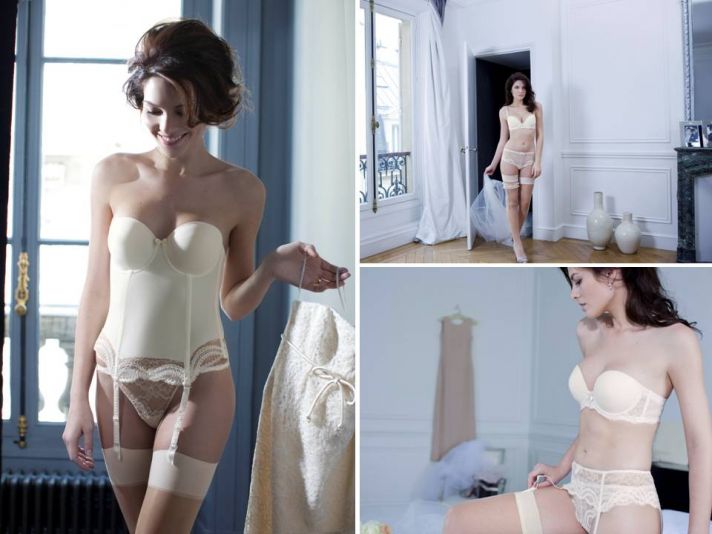 Romantic ivory lace bridal bustier, strapless bra and boyshorts from Simone Pérèle