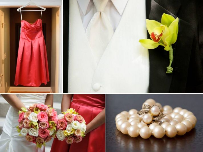 Coral bridesmaids’ dresses, vibrant bridal bouquet, orchid boutonniere