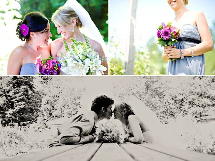 2011 outdoor wedding- bridesmaid wears grey long dress, purple orchid in hair