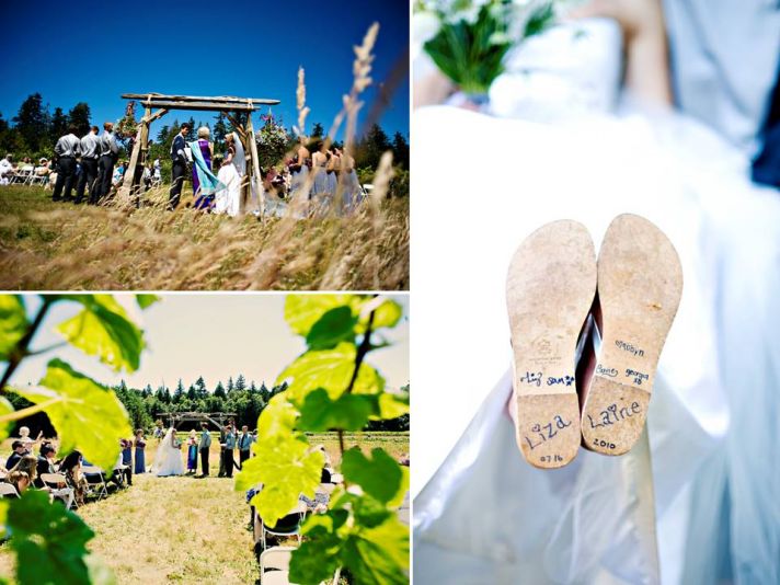 Bride shows off special writing on bottom of bridal shoes