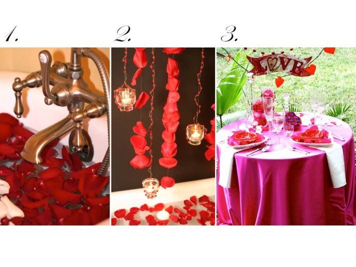Red rose petals create a romantic bath, beautiful garland and a festive sweetheart table