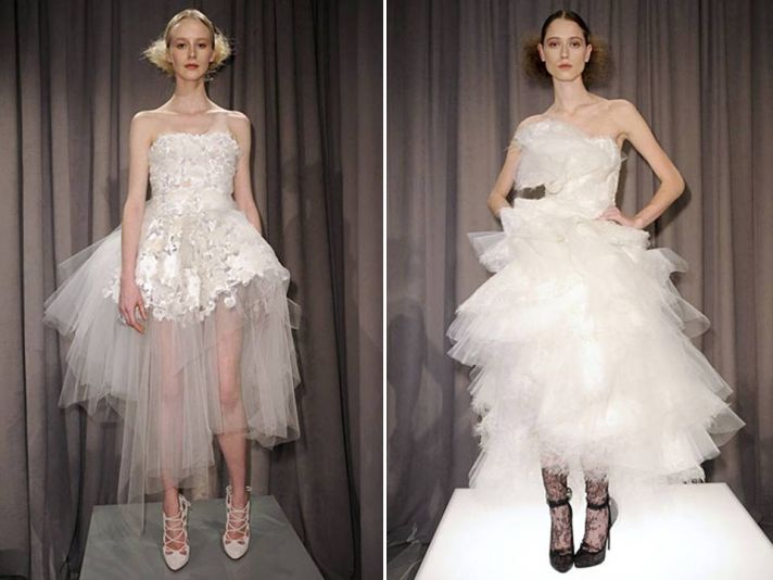 White strapless tea-length tulle wedding dresses by Marchesa