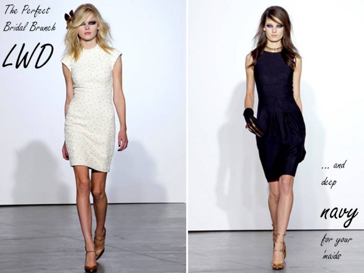 L’Wren Scott Fall 2011 RTW white cocktail dress for bridal brunch, gorgeous deep navy bridesmaid dre