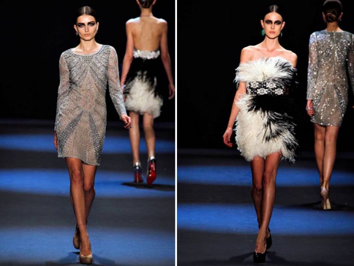 Wedding reception cocktail frocks with metallic beading and romantic feathers