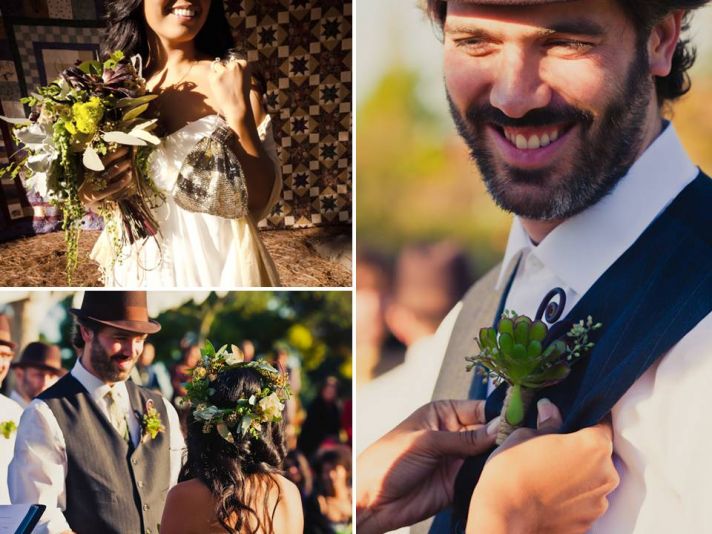 Eco-friendly wedding flowers- succulent boutinniere, bridal bouquet featuring succulents