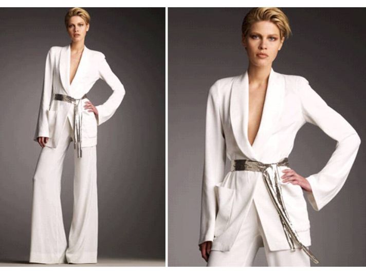 White on-trend suit by Donna Karen for pre-wedding bridal festivities