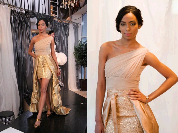 Gold one-shoulder convertible wedding dress with detachable train