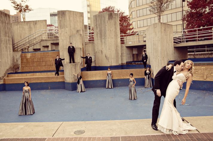 Baltimore bride and groom pose with bridal party outside of wedding venue