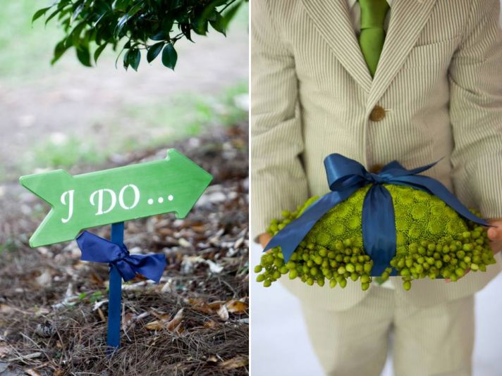 Custom green and white I Do wedding sign and a DIY ring bearer pillow
