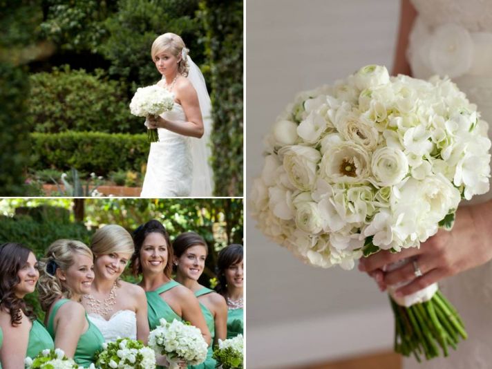 Blushing bride wears ivory lace wedding dress, bridesmaids wear apple green long gowns