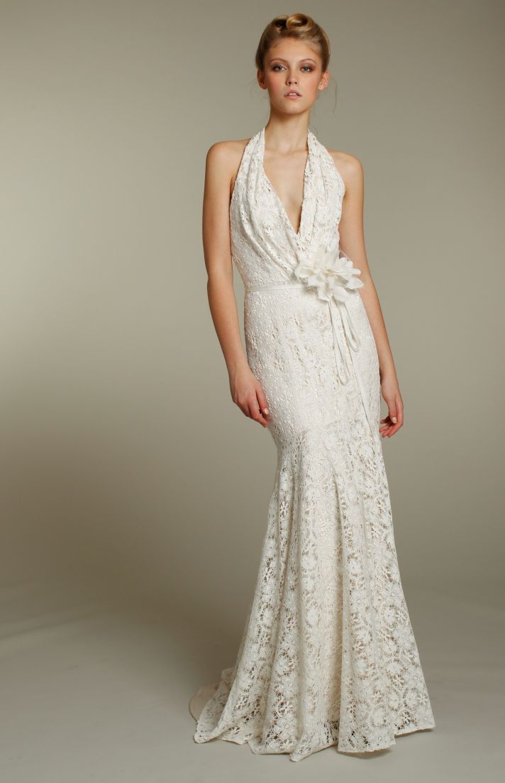 Romantic lace mermaid halter wedding dress with embellished bridal belt