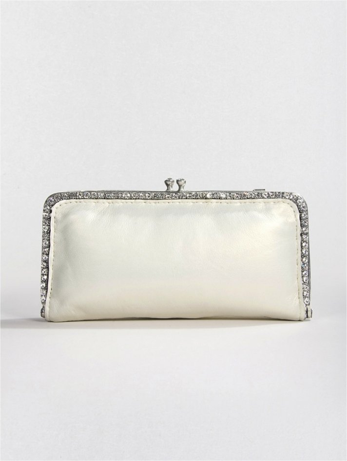 Ivory lambskin bridal clutch with pearl sheen and Swarovski crystals