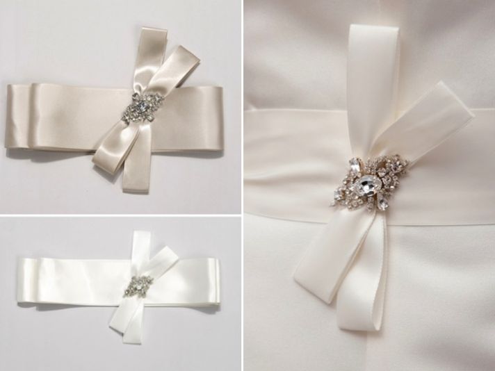 Romantic satin ribbon bridal sashes with rhinestone embellishments