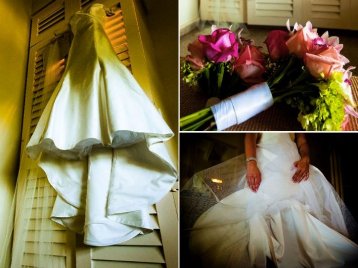Ivory mermaid wedding dress with tropical bridal bouquet