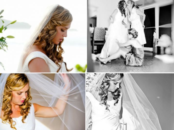 Beach bride puts on classic bridal veil before heading to ceremony