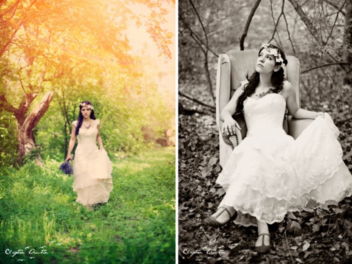 Boho chic bride poses for wedding photographer in rustic setting